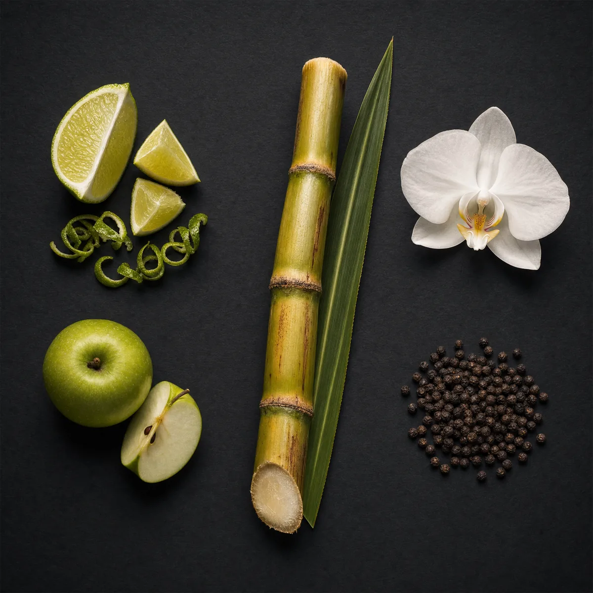Fresh sugarcane stalk with green leaf, lime, green apple, white orchid and peppercorns on dark slate