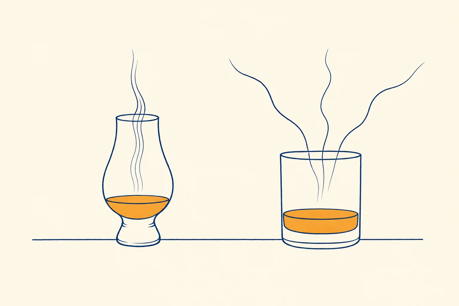 Illustration: a tulip glass bundling the rising aroma lines while a tumbler lets them escape sideways