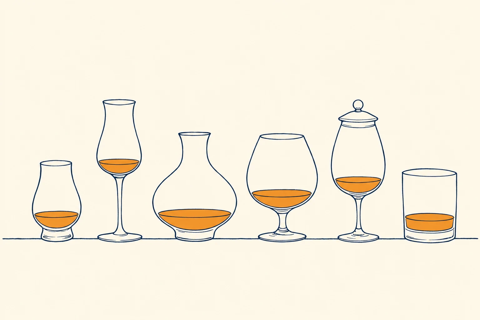 Six rum glass shapes in profile: nosing tulip, copita, onion shape, balloon, lidded glass, and tumbler