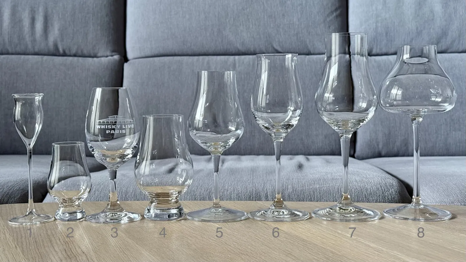 Eight numbered tasting glasses in a row, from a slim flute to an onion-shaped glass on a stem