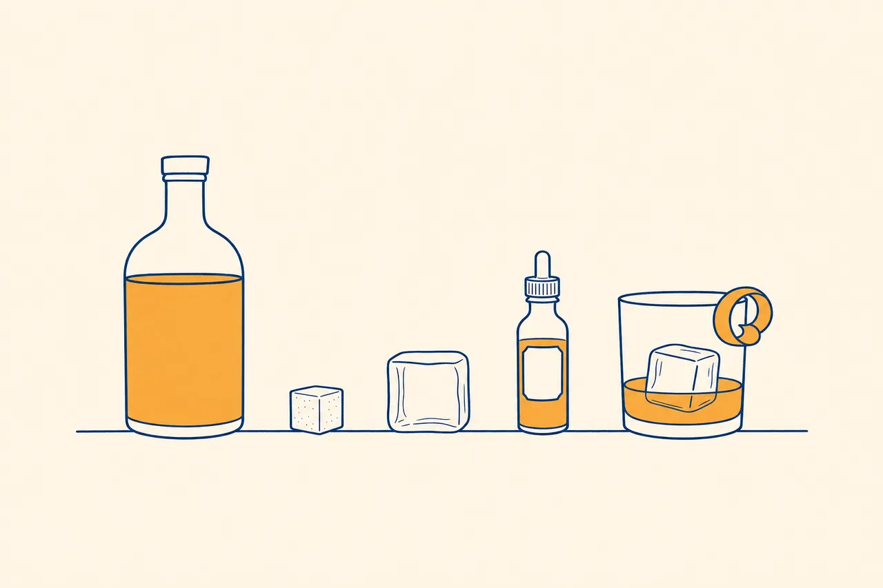 Illustration of the four Old Fashioned ingredients: rum bottle, sugar cube, ice cube, and bitters bottle next to the finished drink in a tumbler