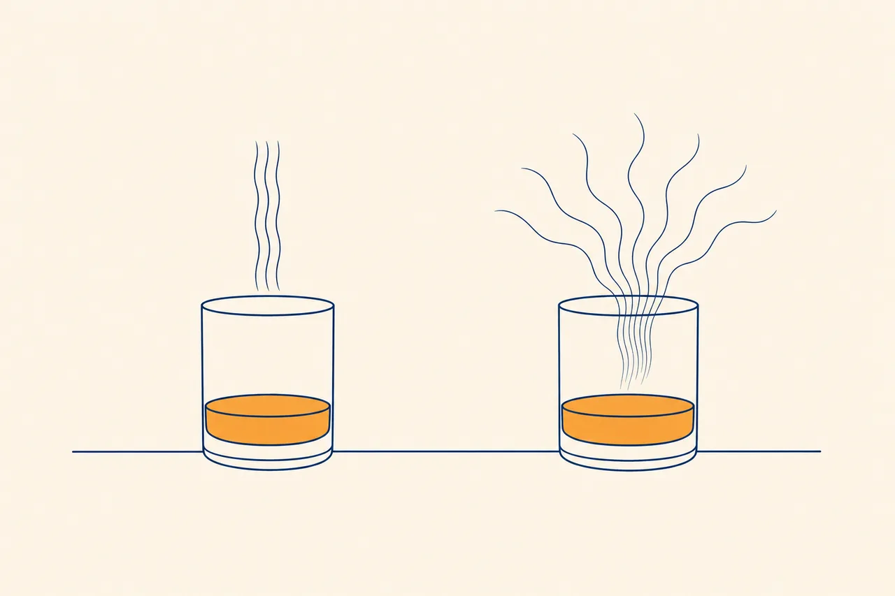 Illustration: bourbon Old Fashioned with parallel aroma lines next to a rum Old Fashioned with widely fanned-out aroma lines