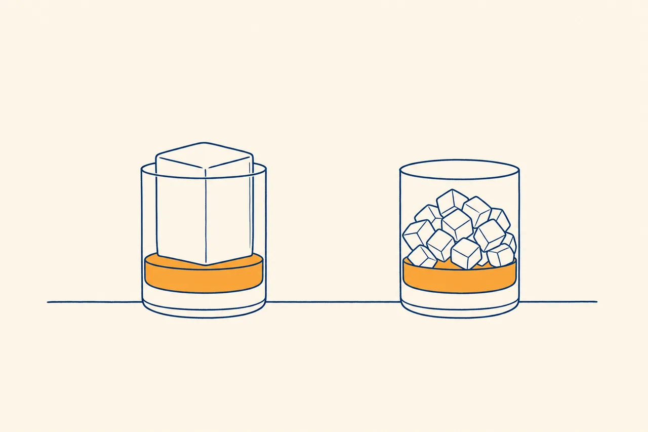 Illustration: tumbler with one large ice cube next to a tumbler full of small ice cubes