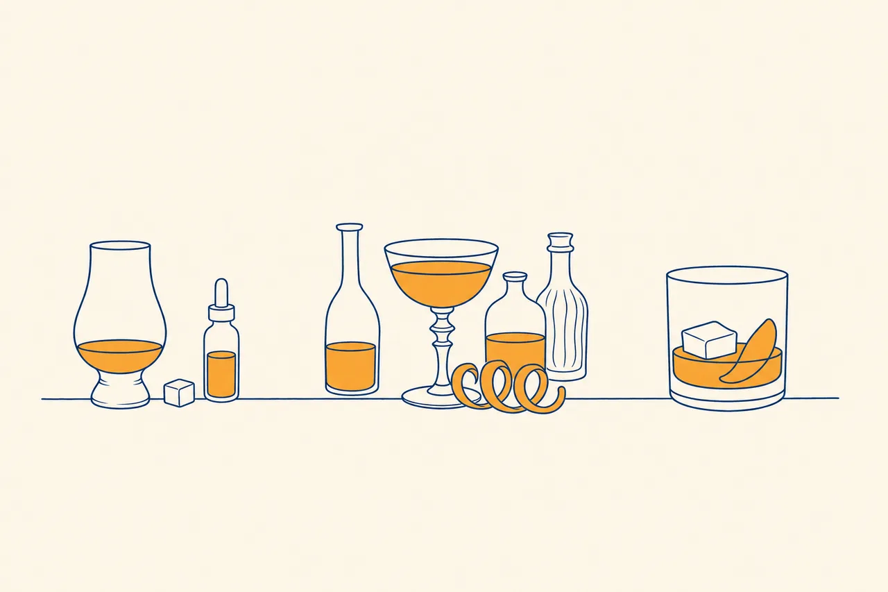 Illustration of the Old Fashioned's evolution: simple early whiskey cocktail, overloaded improved cocktail with liqueurs, and the modern Old Fashioned in a tumbler