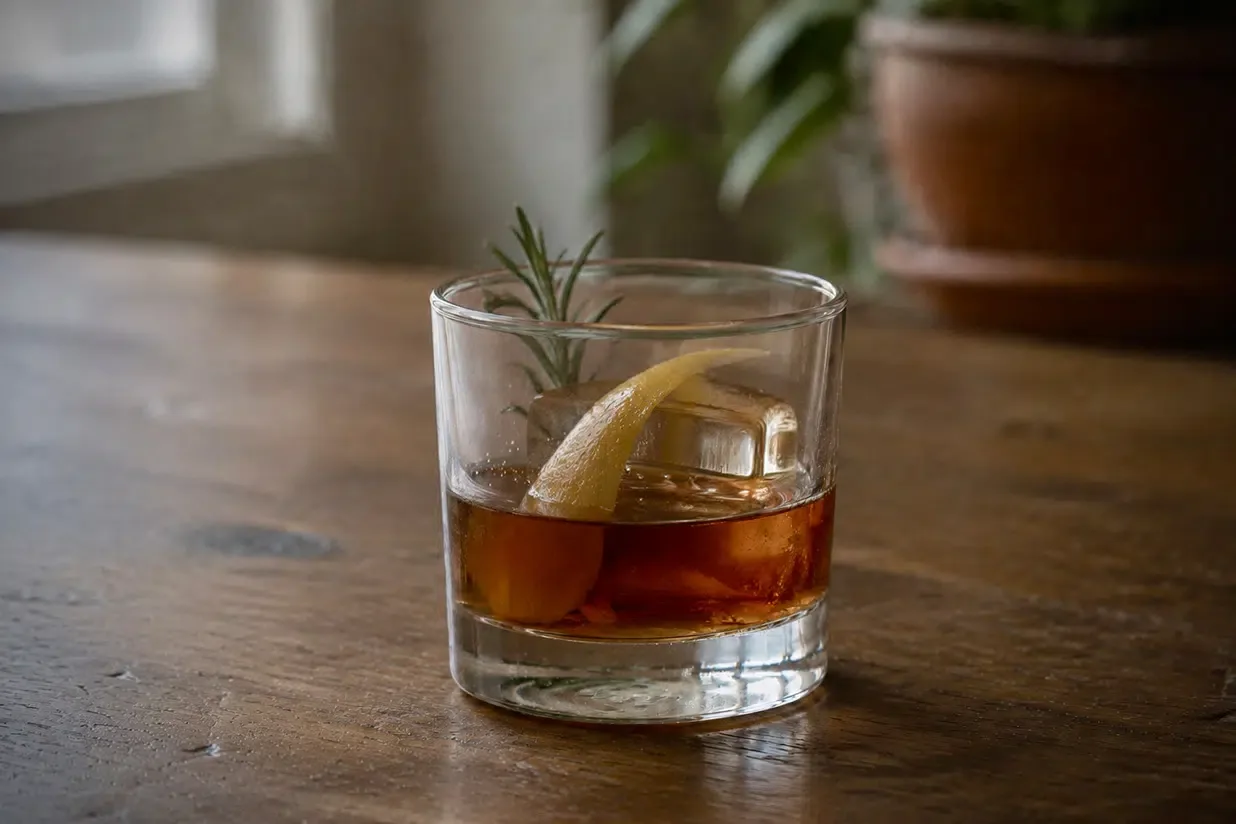 Stormy Weather Old Fashioned in a tumbler with a large ice cube, lemon zest, and a rosemary sprig