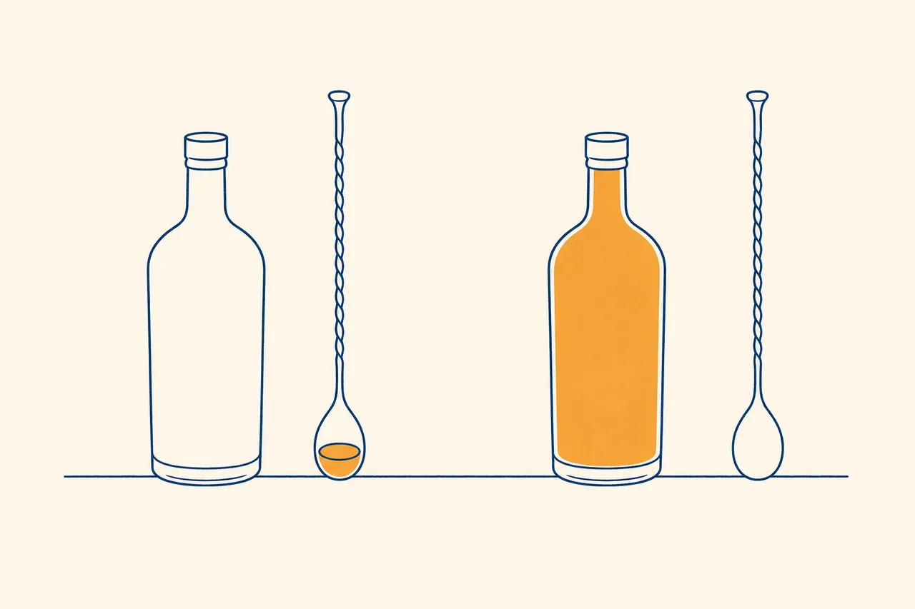 Illustration of the sugar rule for the rum Old Fashioned: unsweetened rum with a full bar spoon of syrup, sweetened rum with an empty bar spoon