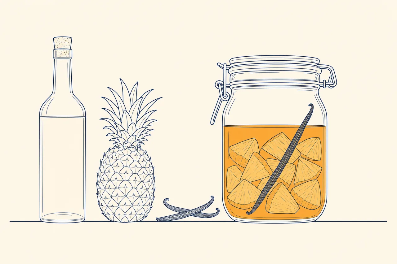 Illustration: bottle of white rum, Victoria pineapple, vanilla pods and a large clip-top preserving jar filled with amber rum and pineapple pieces