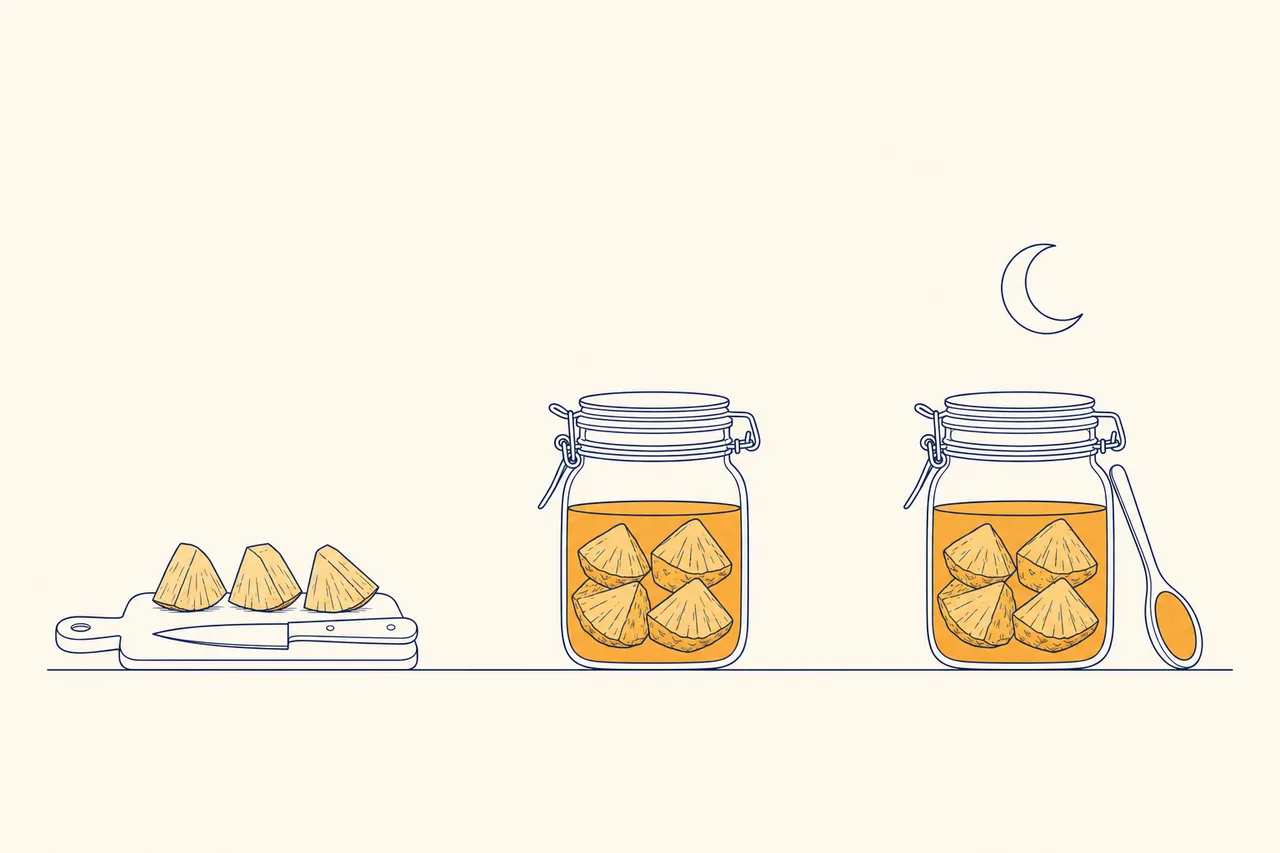Three-step illustration: cutting pineapple on a board, sealed jar macerating, jar resting in the dark with a tasting spoon