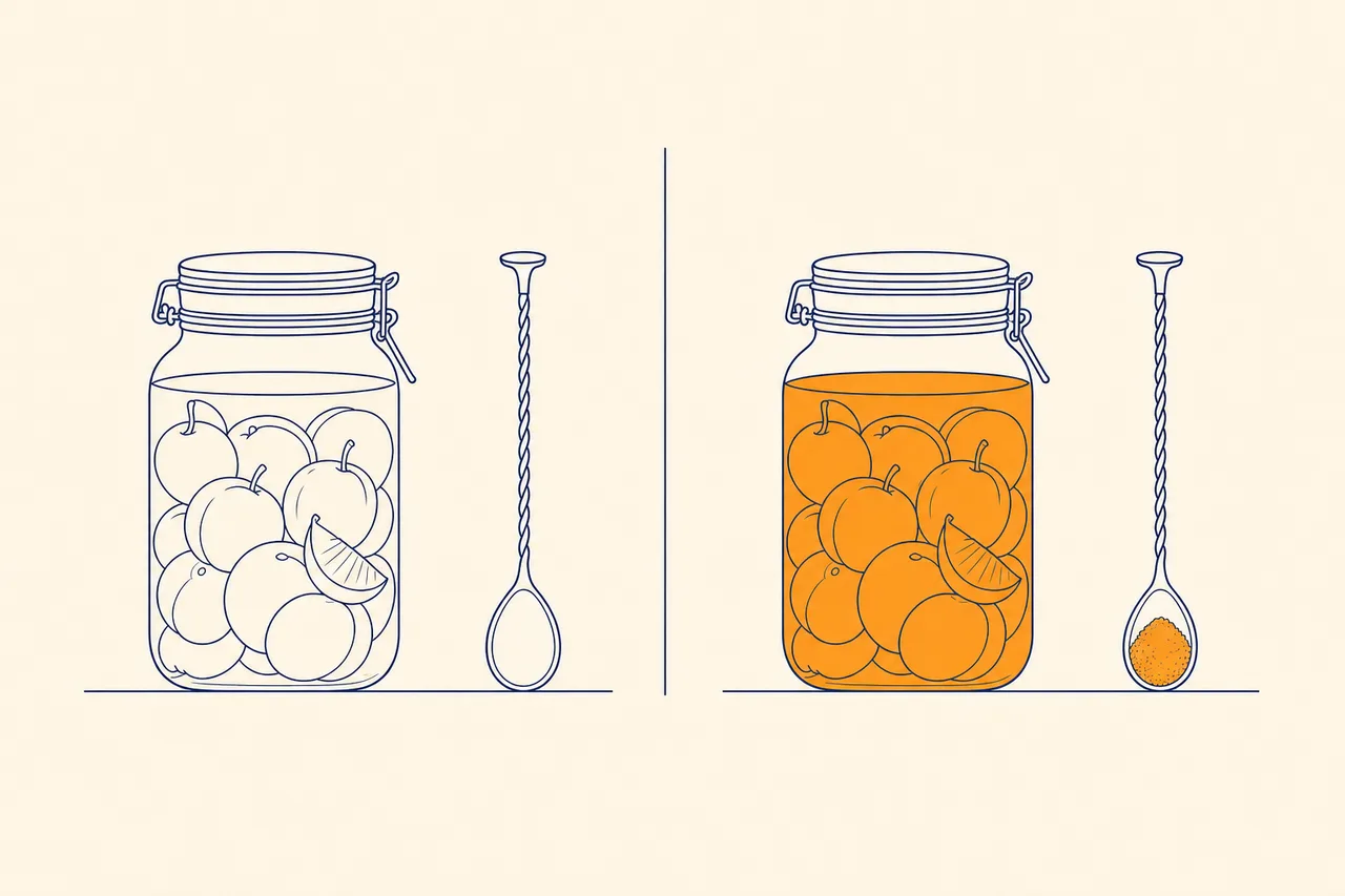Comparison illustration: pale jar with an empty spoon at the start of maceration, amber jar with a spoonful of cane sugar at the end