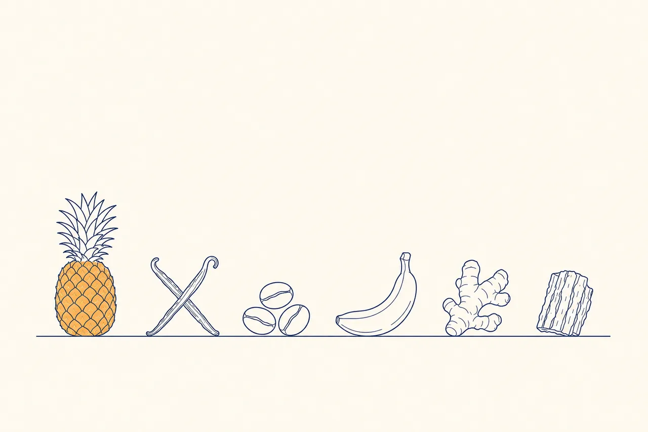 Illustration: the six classic arrangé ingredients in a row: pineapple, vanilla pods, coffee beans, banana, ginger and bark