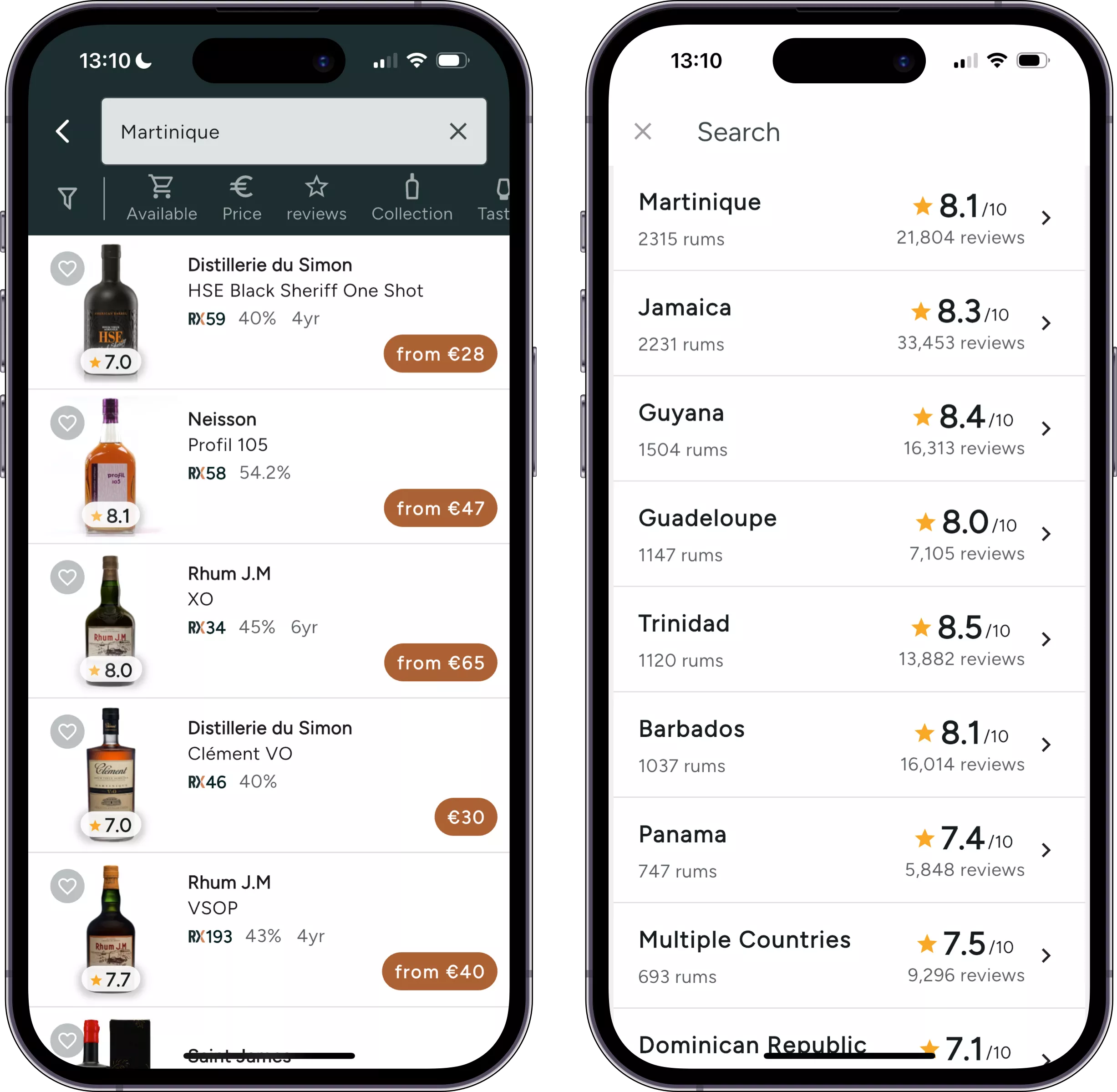 Screenshot of the search rum and review page in our iOS app